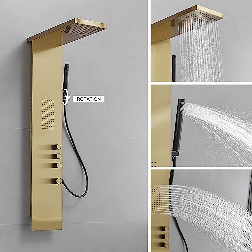 BWE 3 IN 1 Shower Panel Stainless Steel Shower Panel Tower System | Rainfall Shower Head with Handheld Shower and Rain Massage Body Jets Wall Mount Shower System,Brushed Gold - color: Brushed Gold