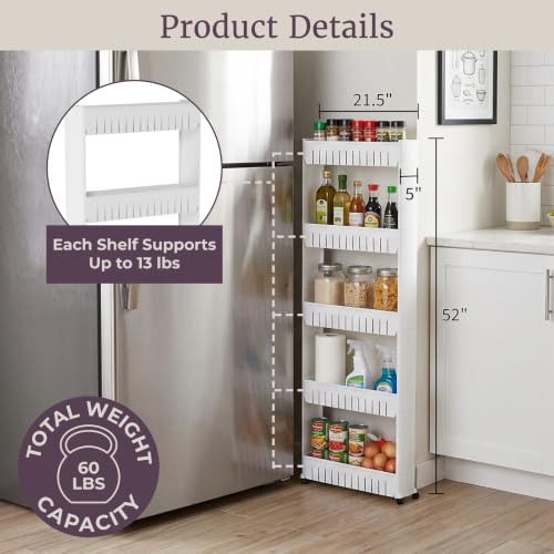 Lavish Home Slim Rolling Storage Cart, White, 21.5” x 5” x 52” - size: 5-Tier