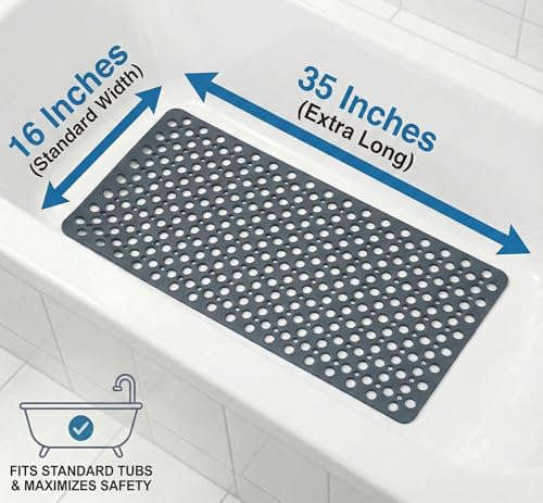 Nonslip Bathtub Mat Extra Soft TPE Bath Mat for Kids, Machine Washable Bathroom Shower Mat (Gray/ 35L x 16W Inch) - color: Gray, size: 35" x 16" (Rectangular)
