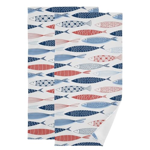 Colorful Fish Hand Towels Set of 2 Soft Vintage Nautical Beach Themed Abstract Fishes Bath Fingertip Towels Decorative Hand Towels for Bathroom Guest Face Towel Kitchen Dish Towels 14"x28" - color: Blue Red