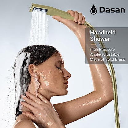 Brushed Gold Shower System with 4 PCS Shower Body Spray Jets & 12’’ Ceiling Shower Head & Handheld Spray, DASAN Full Body Shower Faucet System with Jets Rainfall Shower Combo Set, SA-SS03BBG-S12C - color: Brushed Gold