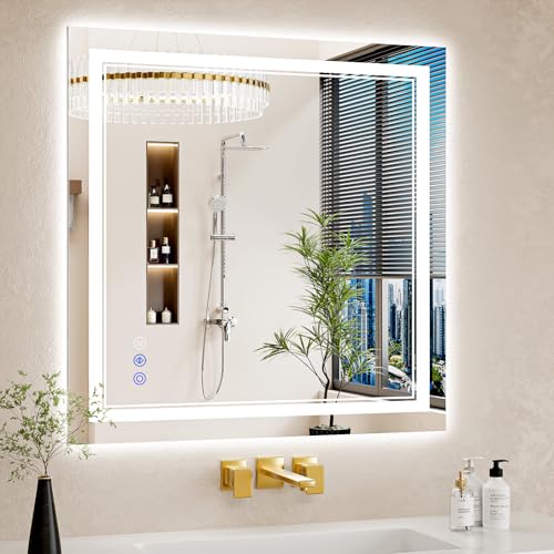 30"x30" LED Bathroom Mirror with Lights, Anti-Fog, Backlit + Front Lit, Dimmable, Led Vanity Mirror for Wall, Lighted Bathroom Mirror,3 Colors, Shatter-Proof Tempered Glass - size: 30"L x 30"W