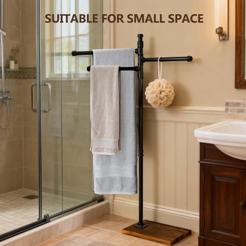 Hjarta Standing Towel Rack for Bathroom, 360° Swivel Freestanding Towel Holder with Wooden Base, 3 Rotating Arms for Bath Sheets & Pool, No-Drill Farmhouse Floor Stand for Spa, Bedroom