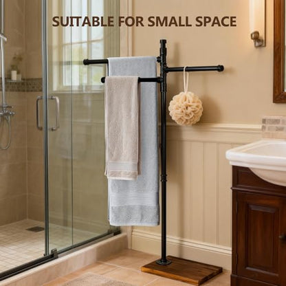 Hjarta Standing Towel Rack for Bathroom, 360° Swivel Freestanding Towel Holder with Wooden Base, 3 Rotating Arms for Bath Sheets & Pool, No-Drill Farmhouse Floor Stand for Spa, Bedroom