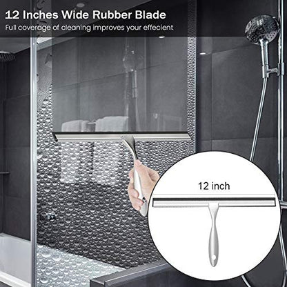 Shower Squeegee with Self Adhesive Hook, 12 Inches Stainless Steel Squeegee Cleaner, All-Purpose Window Scraper for Bathroom Doors, Mirror, Windows and Car Glass (12 Inch, Silver)