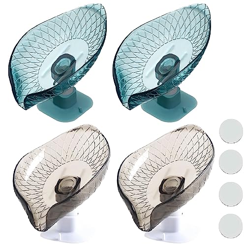 4 Pack Transparent Soap Dish Holder Bar Soap Holder Self Draining for Shower Leaf Shape Soap Holder Sponge Container with Enlarged Sucker Self-Draining to Keep Soap Dry (2Blue+ 2Grey) - color: 2blue+2grey