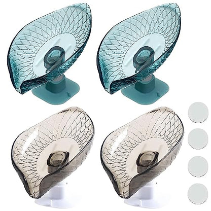 4 Pack Transparent Soap Dish Holder Bar Soap Holder Self Draining for Shower Leaf Shape Soap Holder Sponge Container with Enlarged Sucker Self-Draining to Keep Soap Dry (2Blue+ 2Grey) - color: 2blue+2grey