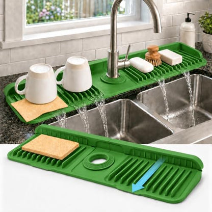 23" Extra Long Silicone Faucet Handle Drip Catcher Tray,7° Sloped Self Draining Mat with Snap-on Design & Soap Holder, Trim-to-Fit Opening,Sink Splash Guard for Kitchen & Bathroom(Green) - color: Green, size: 23" x 5.5"