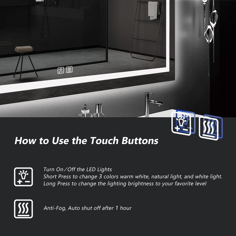 ROOMTEC 40x32 Inches LED Bathroom Mirror with Lights, Vanity Mirror with Front and Backlight, Smart Dimmable Anti-Fog LED Mirror for Bathroom, Memory Function, Tempered Glass (Horizontal/Vertical) - size: 40"L x 32"W