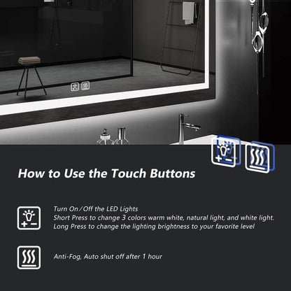 ROOMTEC 40x32 Inches LED Bathroom Mirror with Lights, Vanity Mirror with Front and Backlight, Smart Dimmable Anti-Fog LED Mirror for Bathroom, Memory Function, Tempered Glass (Horizontal/Vertical) - size: 40"L x 32"W