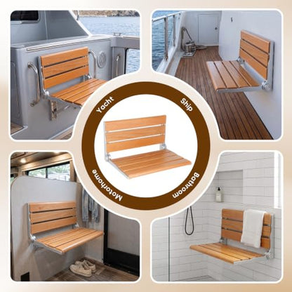 18" Wall Mount Shower Seat, Fold Down Bench for Inside Shower | Natural wood seat provides sturdy support for showering, home care and versatile living spaces - color: Yellow
