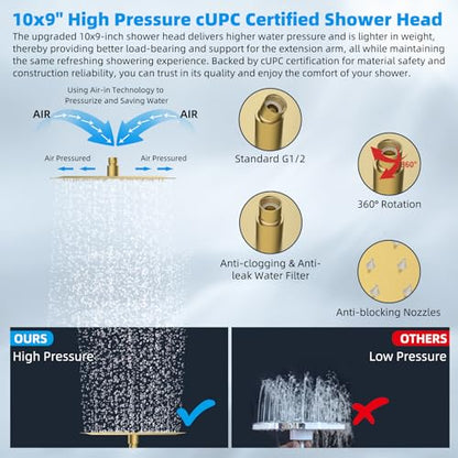 Hibbent All Metal 10'' Rain Shower Head, 16'' Extension Arm, Brushed Gold | cUPC Certified High Pressure Rainfall Showerhead with Solid Brass Adjustable Shower Head Extension Arm, Fixed Showerheads - color: Brushed Gold, style: Square 10''