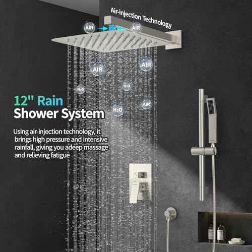 SR SUN RISE 12 Inch Square Shower System with Slide Bar,Brushed Nickel | Rain Head and Handle System,16" Adjustable Shower Slide Bar,Soild Brass,Wall Mount,Included Valve and Trim Kit - color: Brushed Nickel, size: 12 Inch