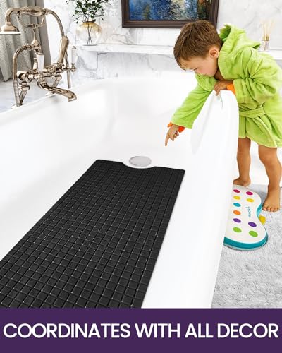 DEXI Bathtub Mat Non Slip, 39x16 Bath Tub Shower Floor Bathroom Mats Black | Extra Long Suction Cups, Drain Holes, Machine Washable for Tub Shower Floor Bathmat - color: Black