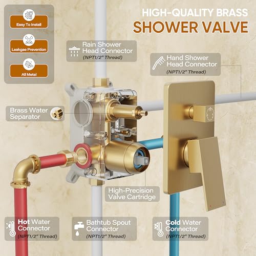 Gold Tub Shower System with 10" Rain Head, Handheld & Valve Kit | All-Metal Tub Shower Faucet Set, Wall Mounted Rain Showerhead, Handheld Spray, Includes Valve and Trim Kit, Brushed Gold - color: Brushed Gold 10