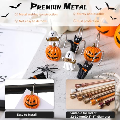 Colingmill 12 Pcs Halloween Cat Ghost Pumpkin Shower Curtain Hooks Xmas Shower Curtain Hooks Halloween Bathroom Decor Rings for Bathroom Bedroom - style: Cat Ghost Pumpkin