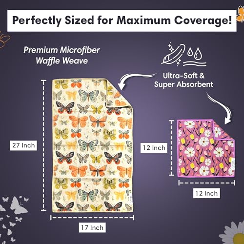 Microfiber Hand Towel & Washcloth Set, Double-Sided Waffle Weave Set of Two | Super Absorbent, Lint-Free, Fast Drying, Wings & Flower Farm Pattern, Purple/Cream, Bathroom, Kitchen, Car & Window Cloth Set - color: Wings & Flower Farm - Purple/Cream, size: