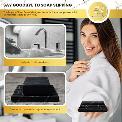 DAYONE Holder with Marble Look - Soap Dish with Soap Saver Ridges Rectangle Bar Soap Holder with Non Slip Feet - Soap Tray for Bathroom, Sink, Kitchen, and SPA (Black) - color: Black