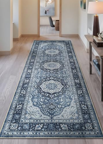 Bloom Rugs Caria Washable Non-Slip 7 ft Runner - Blue Traditional Runner for Entryway, Hallway, Bathroom, and Kitchen - Exact Size: 2'6" x 7' - color: Blue, size: 2'6" x 7' (Runner)