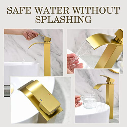 Gold Vessel Sink Faucet, Single Hole Waterfall Tall Bathroom Vanity Faucet | Brushed Gold Vessel Sink Faucet, YardMonet Single Handle Bathroom Faucet with Drain Assembly and Hose, Stainless Steel - size: Tall