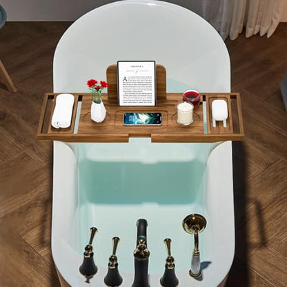 Premium Teak Bathtub Tray Caddy, Expandable Wooden Bath Tray for Bathub, Luxury Bathtub & Bathroom Accessories, Great House Warming, Anniversary & Wedding and Birthday Gifts - color: Premium Teak