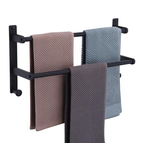 18-Inch Double Towel Rack with Hooks - Space Saving Towel Hanger, Matte Black Stainless Steel Towel bar for Bathroom Wall - color: Matte Black, size: 18-Inch