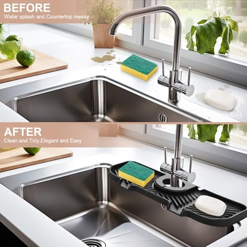 Teenyyou 2 Pcs Silicone Faucet Splash Guard 10.6 ” x 4.3” Kitchen Sink Splash Guard Faucet Mat for Kitchen Mat Catcher Black and Grey Sink Accessories for Bathroom