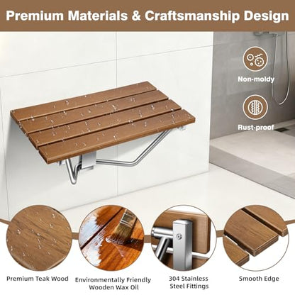 20'' Folding Shower Seat Wall Mounted, 500lb Load Capacity, Space-Saving | Folding Shower Bench with Stainless Steel Bracket, for Elderly, Pregnant Women, Kids, Disabled - size: 20 inches