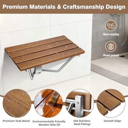 24'' Folding Shower Seat Wall Mounted, 500lb Load Capacity, Space-Saving | Folding Shower Bench with Stainless Steel Bracket, for Elderly, Pregnant Women, Kids, Disabled - size: 24 inches