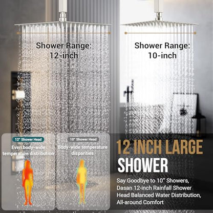 DASAN Full Body Shower System with 6 PCS Body Spray Jets & 12'' Rain Shower Head & Handheld, Ceiling Mount Rain Shower System Brushed Nickel Shower Faucets Sets Complete with Valve, SA-SS03ABN-S12C - color: Brushed Nickel