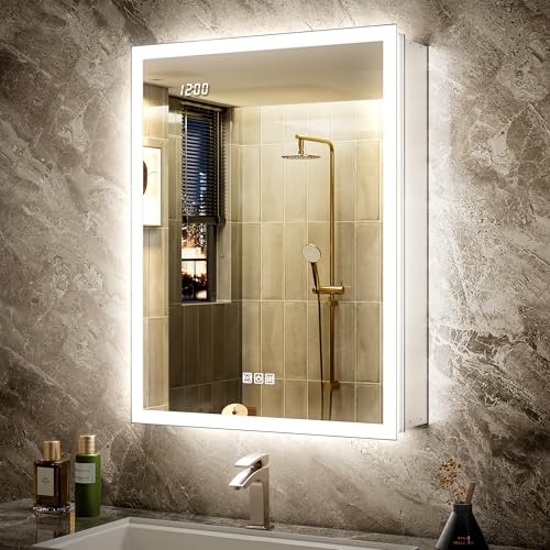 24x32 Front & Backlit Medicine Cabinet with LED Lights, 155°Soft-Close Hinge, Surface or Recessed Dimmable Lighted Medicine Cabinet Mirror with Clock Outlet Inner Light,Anti-Fog - size: 24x32'' (Left Hinge)