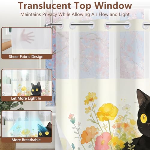 Floral No Hook Shower Curtain and Liner Set, Double-Layer Waterproof Cat Shower Curtain with Mesh Top Window and Weighted Bottom, Machine Washable Farmhouse Shower Curtains for Bathroom, 71"W x 74"L - color: Cat in Flowers