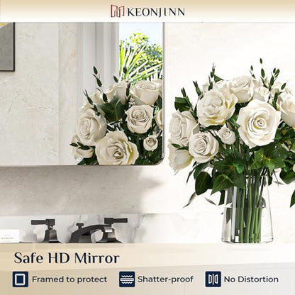 Keonjinn 20 x 32 Inch Chrome Medicine Cabinets for Bathroom with Mirror Adjustable Shelves Stainless Steel Framed Rounded Rectangle Single Door Surface Wall Mounted Silver Bathroom Storage Cabinet | Stainless Steel Framed, Adjustable Shelves, Recessed or