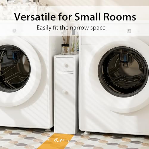 Tangkula Slim Storage Cabinet, Free Standing, with Slide Out Drawers, Narrow Floor Bathroom Organizer Next to Toilet, Toilet Paper Holder, 19 x 6.5 x 23 Inches (White) - color: White
