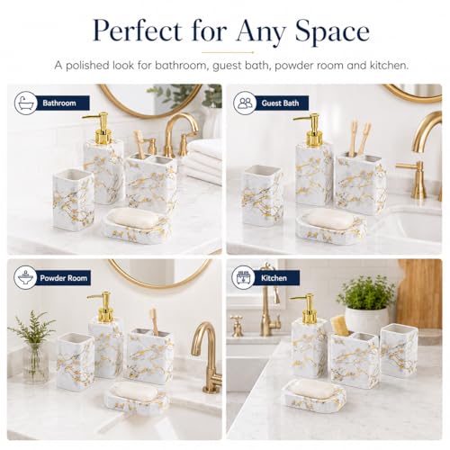 4 Piece Bathroom Accessories Set - White Bathroom Accessory Sets Includes Lotion Dispenser, Toothbrush Holder Tumbler, and Soap Dish - Glossy Finish (Marble, White) - color: White