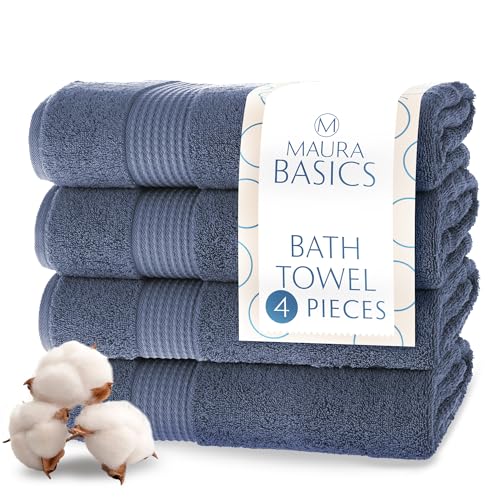 MAURA Basics Performance Bath Towels 100% Turkish Cotton with Hook Loops. Extra Large Luxury Absorbent Plush Towel Sets for Bathroom, Daily Use American Standard Size 27”x54”, Denim Blue - color: Denim Blue, size: Bath Towel (4-Pack)