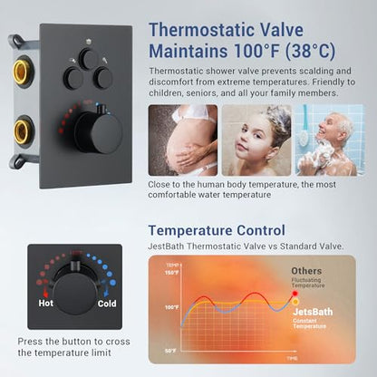 Thermostatic Shower System, Waterfall Shower Head(Matte Black) | 22-Inch Rain & Waterfall Large Shower Head, High Pressure Handheld Sprayer, 3 Modes Push Button Valve - color: Matte Black