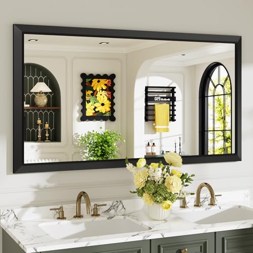 55x30 Inch Black Bathroom Mirror for Wall, Beveled Framed Rectangle Bathroom Vanity Mirrors for Over Sink, Bedroom, Living Room, Entryway, Anti-Rust, HD Tempered Glass, Horizontally/Vertically - size: 55"L x 30"W