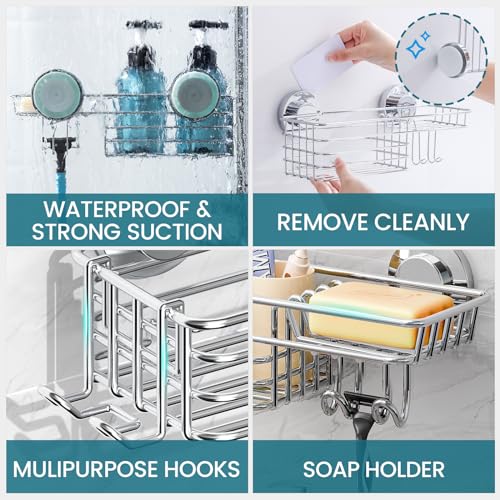 TAILI Shower Caddy Suction Cup 2 Pack with Hooks and Soap Holder, Silver | Heavy Duty Shower Organizer, No Drilling Bathroom Suction Shelves, Wall Shower Caddy - color: Silver, size: 2 x Medium
