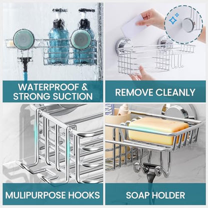 TAILI Shower Caddy Suction Cup 2 Pack with Hooks and Soap Holder, Silver | Heavy Duty Shower Organizer, No Drilling Bathroom Suction Shelves, Wall Shower Caddy - color: Silver, size: 2 x Medium