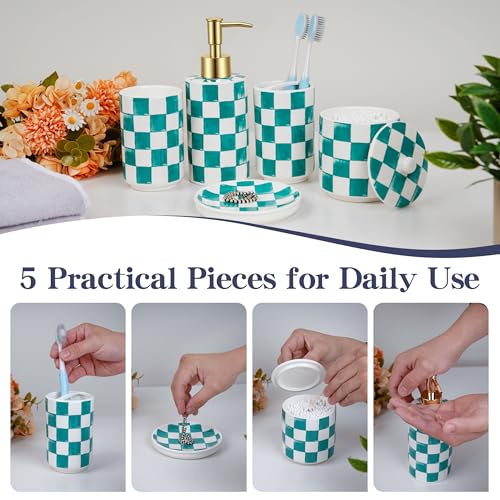 Ceramic Bathroom Soap Dispenser Set, Checkered Bathroom Vanity Set with Lotion Pump, Toothbrush Holder, Soap Dish & Storage Jar, Modern Bathroom Sink Accessories (Green) - style: Green