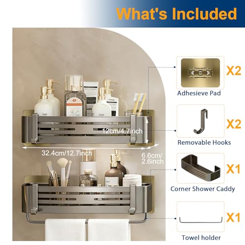 Shower Caddy, No-Drilling Adhesive Shower Shelves with Hooks, Waterproof & Rustproof Removable Shower Organizer Storage for Bathroom Kitchen - color: Grey-Rectangular -1pack