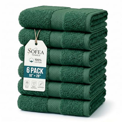 Sofea Hand Towels 6 Pack (16 x 28 Inches) 100% Cotton Bathroom Towels, Soft Absorbent Quick Dry Hand Towels for Bathroom Kitchen - color: Forest Green