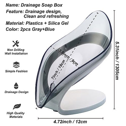 H&W 2Pcs Self Draining Soap Holder,Suction Cup Soap Dish,Shower Soap Bar Holder,Leaf Shape Soap Holder,Soap Dish Dispenser for Shower, Bathroom, Kitchen Sink (Grey + Blue)
