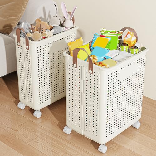 Slim Rolling Laundry Basket with Wheels Plastic Foldable Dirty Clothes Hamper Large Capacity Breathable Mesh Laundry Bin with Leather Handles for Narrow Space Bathroom White M