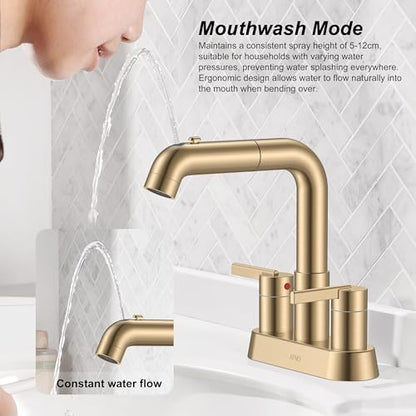 Champagne Bronze Pull Down Centerset Bathroom Faucet 3 Hole 2 Handle | Pull Out Bathroom Faucet with Pop Up Drain & Supply Lines, Lead-Free cUPC & NSF Certified, 4 Inch Faucet for Vanity RV Sink - color: Champagne Bronze