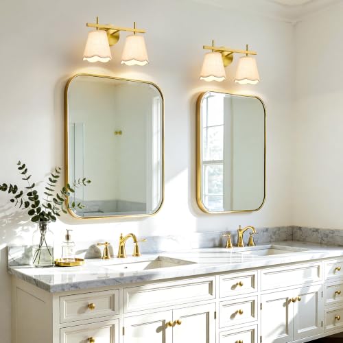 Modern Bathroom Vanity Light, 2-Light Brushed Gold Bathroom Light Fixtures with Scalloped Linen Fabric Shade, Vanity Lighting Fixtures Over Mirror (Exclude Bulb) - color: Gold, size: 2 Light