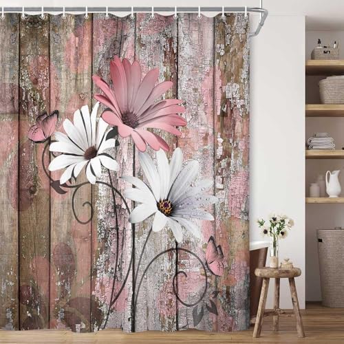 JAWO 4 Piece Pink Daisy Flower on Rustic Wooden Plank Country Style Shower Curtain Sets with Non-Slip Rugs, Toilet Lid Cover and Bath Mat, Shower Curtain with 12 Hooks - color: Pink-01, size: 5'10" x 5'10" (Rectangular)