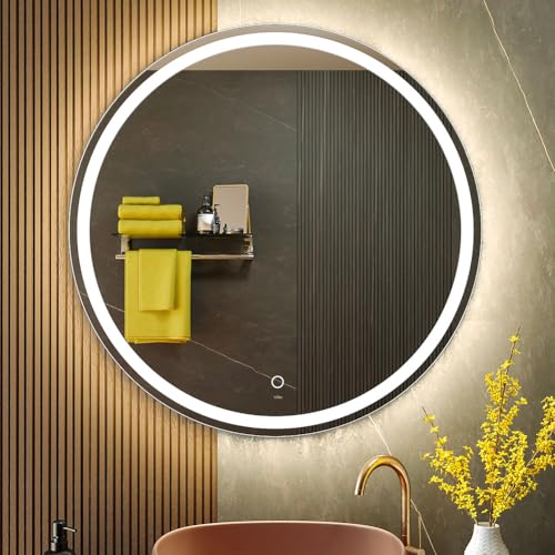 32 Inch Large Modern LED Round Bathroom Vanity Mirror, Color Temperature Adjustable, Anti-Fog Dimmable Lights, Easy to Install, Wall Mounted Makeup Mirror with Smart Touch Button | Light Adjustment, Anti-Fog, Easy to Install, Wall Mounted, Smart Touch But