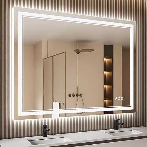 48x40 Inch LED Bathroom Mirror with Lights | Front and Backlit, 3 Colors, Dimmable, Memory, Anti Fog, Shatterproof, Horizontal/Vertical, Lighted Mirrors for Bathroom Wall - color: Dual Lights, size: 48"L x 40"W